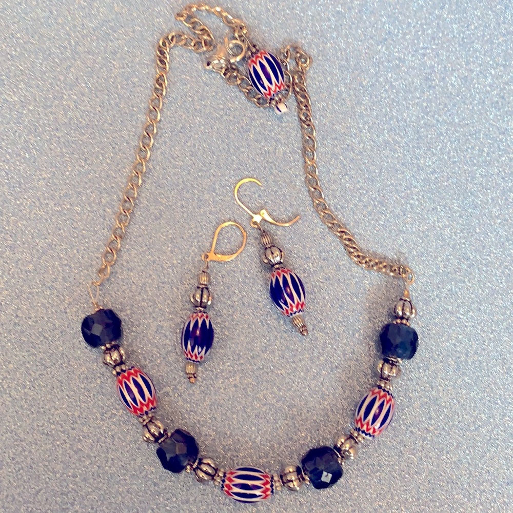 RED WHITE & BLUE SILVER NECKLACE AND EARRING SET